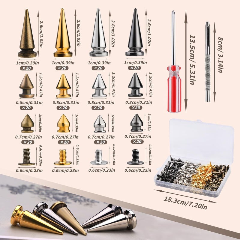QMNNMA 240 Sets Punk Spikes and Studs Kit, 4 Colors Cone Spikes, 3 Sizes Metal Tree Spikes Screwback Studs for DIY Leathercraft and Punk Style Clothing Accessories - Image 2